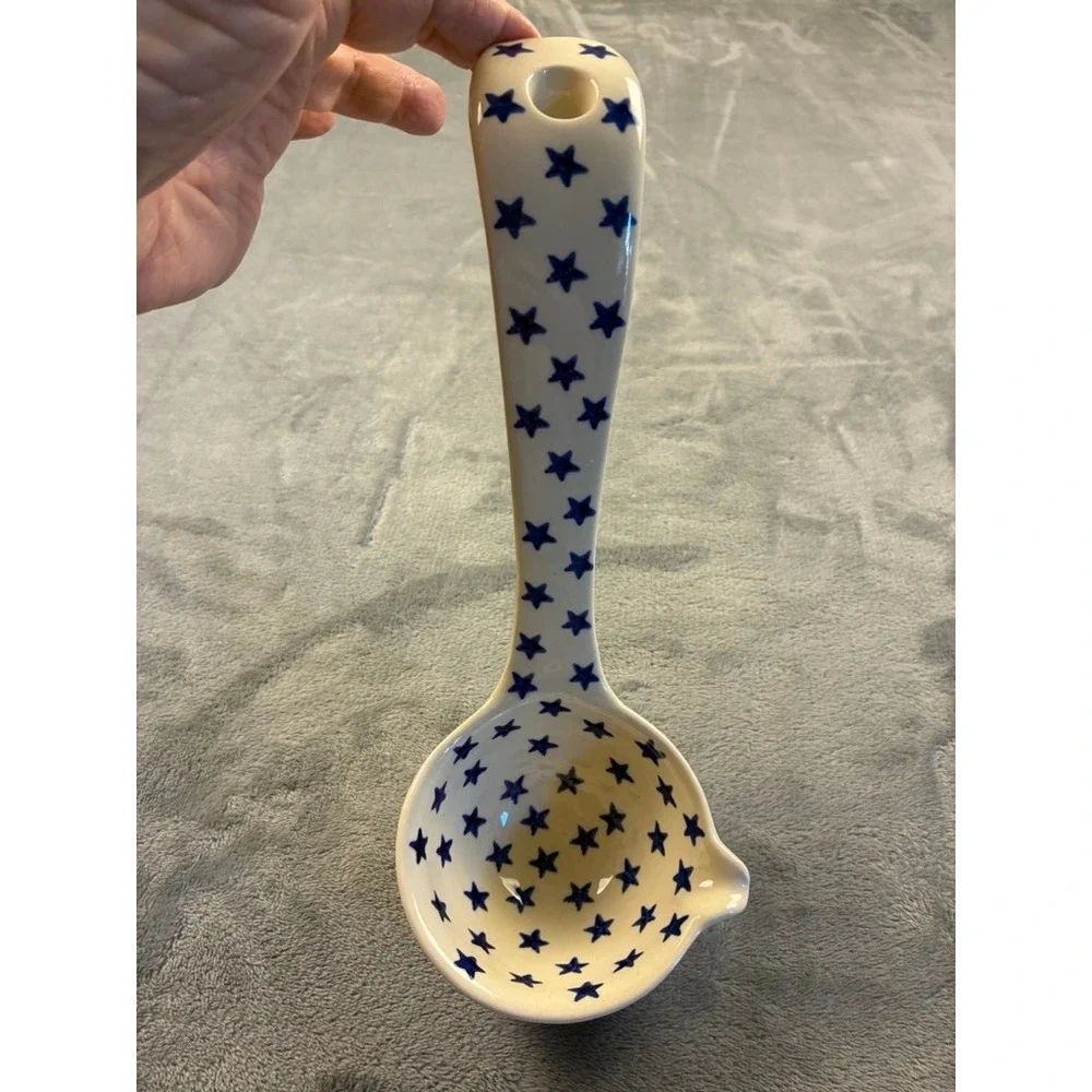 Poland Hand Made Polish Pottery Ladle Blue Rose Pattern Pour Spout 9.5in